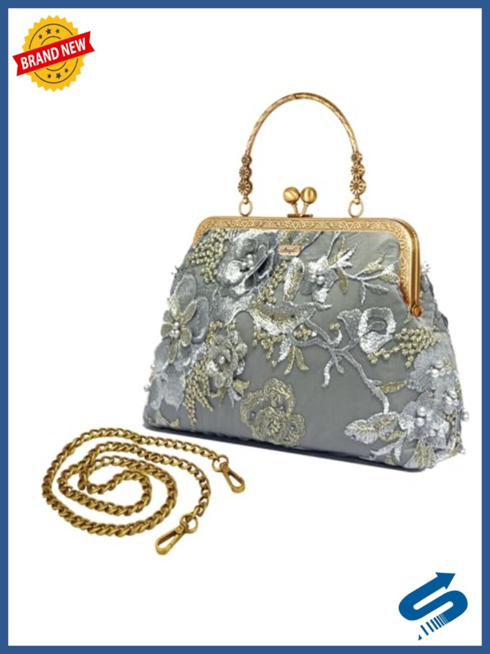 Vintage Kisslock Evening Bag with 3D Floral Embroidery